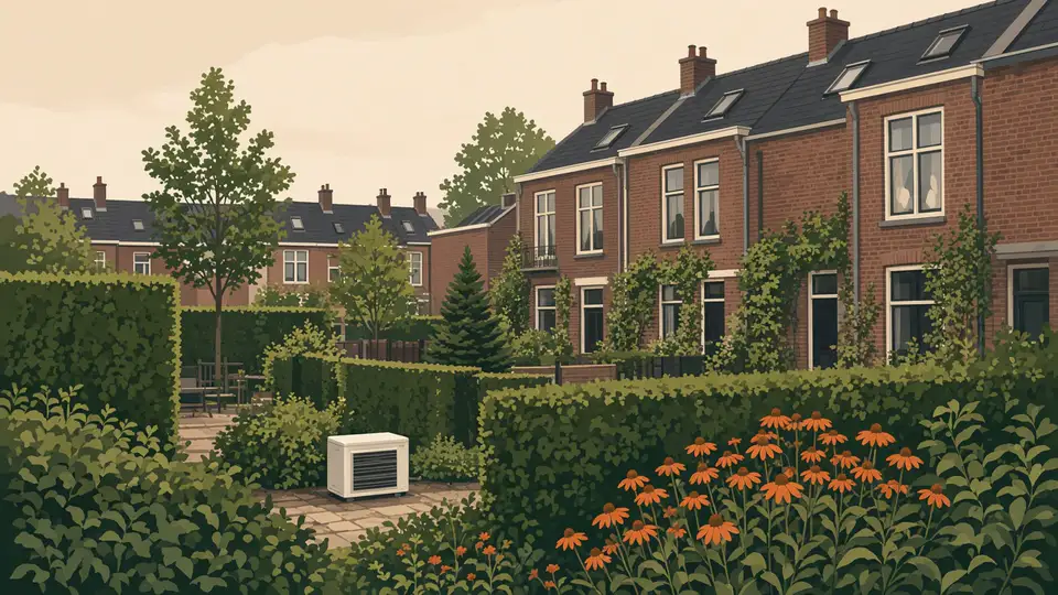 Achtertuinen van bakstenen rijtjeshuizen, met één lage unit ver van het slaapkamerraam