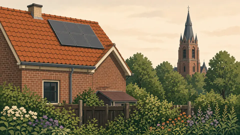 Achterdak van baksteen met een rij matte donkergrijze panelen, kerktoren in de verte