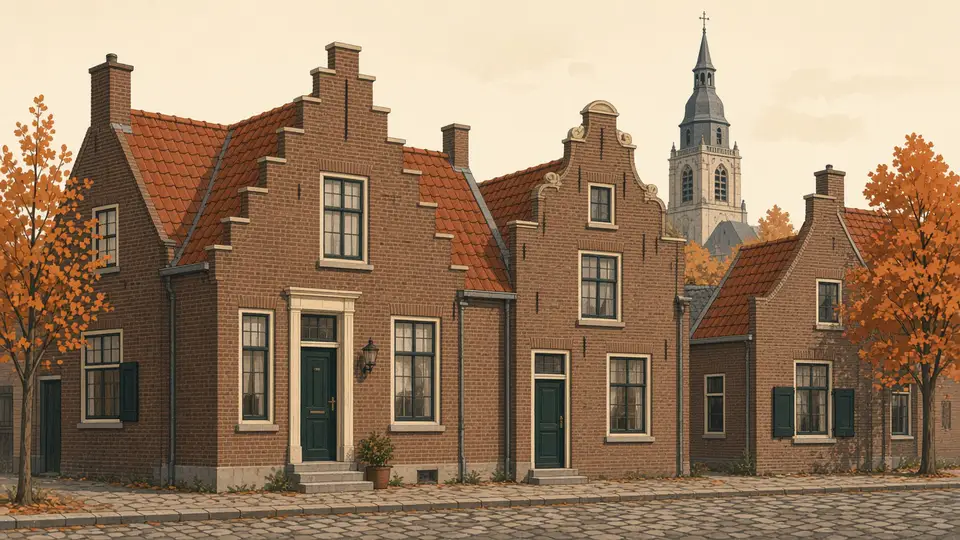 Smalle bakstenen gevels in de Benedenstad, zonder panelen op het straatdak